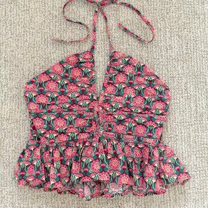 Natural Life Tie Halter Pink/Green Floral Top XS